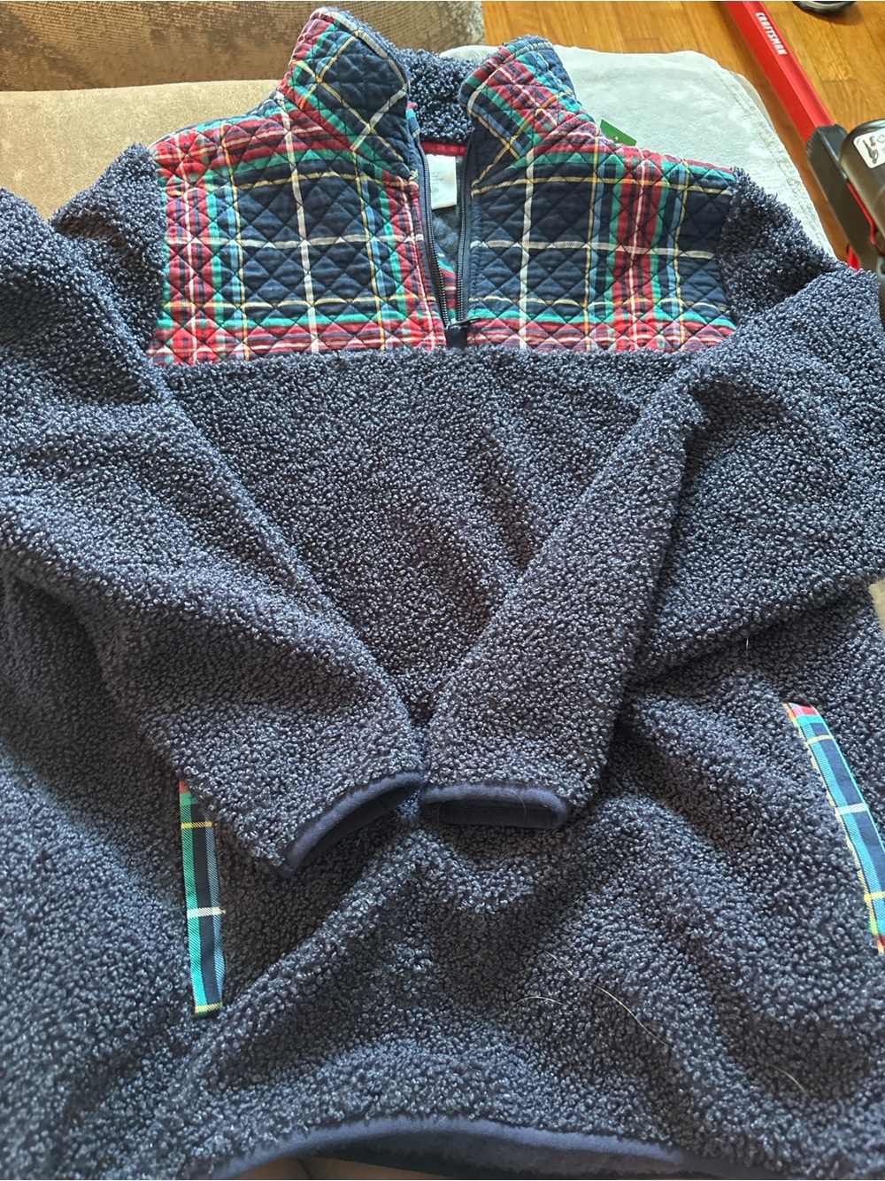 Vera Bradley Navy Sherpa Pullover with Multicolor Plaid Yoke
